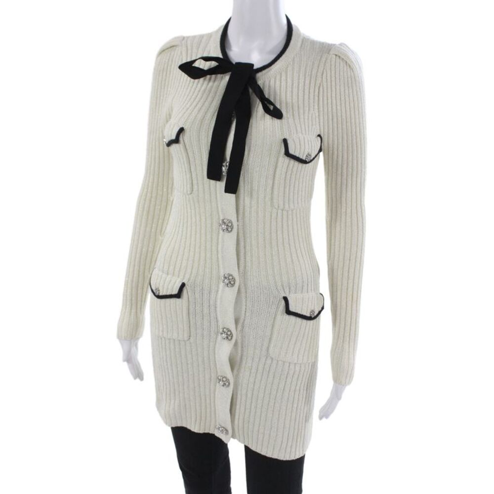 Self Portrait Womens Striped Button Cardigan White Crew Neck Long Sleeve Size S - Picture 2 of 6
